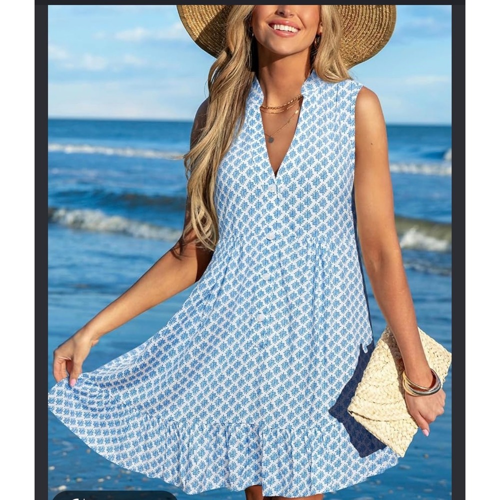 CUPSHE Womens Med. Dress Blue White Leaf Sleeveless Button Front Tiered Mini